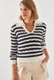 Women's Ecru Navy Blue Hairline Polo Collar Sweater 20247505 - 5