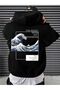 Kanagawa Wave Sweatshirt - Black Printed Oversize Ribbon Hoodie