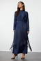 Navy Blue Patterned Satin Woven Evening Dress with Tassel Detail Tctss24Db00068 - 2