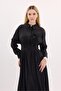 Black Moi Belted Dress with Flower Accessories