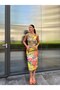 Women's Floral Patterned Draped Knee-Length Slit Tulle Dress