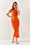 Women's Orange Summer Slit Stretchy Cropped Set - 3
