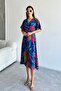 Women's Blue Deep V-Neck Summer Long Front Slit Viscose Dress