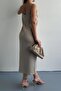 Women's Beige Midi Length Strappy V-Neck Summer Dress - 3