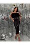 Women's Black Sequin Sequin Fabric Front Feather Detail Design Dress