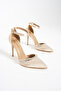 Anna Cream Stripe Stone Detail Satin Heeled Women's Shoes