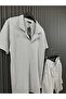 Men's Gray Striped Fabric Comfortable Loose Fit Loose Placket T-Shirt Striped Shorts Set - 2