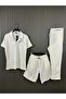Men's Ecru Striped Fabric Comfortable Loose Fit Loose Set of 3 Tshirt-Shorts-Pants Set