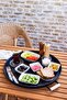 Metal 45 Cm Black Round Tray with Wooden Handle, Breakfast Tray, Presentation Tray