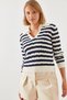 Women's Ecru Navy Blue Hairline Polo Collar Sweater 20247505 - 3