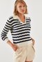 Women's Ecru Navy Blue Hairline Polo Collar Sweater 20247505 - 2