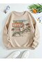 California Hotel Sweatshirt - Beige Printed Oversize Hooded Crew Neck