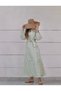 Vintage Pocketed Buttoned Floral Print Light Oil Green Fairytale Dress with Collar Detail