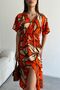 Women's Orange Deep V-Neck Summer Long Front Slit Viscose Dress - 3