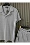 Men's Navy Blue Striped Collar Tshirt Double Pocket Shorts Set