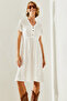 Women's Ecru V-Neck Muslin Fabric Short Sleeve Basic Dress 2282 60251464 - 3