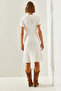 Women's Ecru V-Neck Muslin Fabric Short Sleeve Basic Dress 2282 60251464 - 5