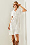 Women's Ecru V-Neck Muslin Fabric Short Sleeve Basic Dress 2282 60251464 - 4