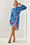 Women's Blue Double Breasted Collar Floral Patterned Asymmetrical Cut Belted Dress 22181 60251627 - 4