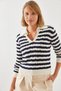 Women's Ecru Navy Blue Hairline Polo Collar Sweater 20247505 - 4