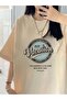 Vacation No 09 Help T-Shirt - Beige Printed Oversize Crew Neck Short Sleeve Loose