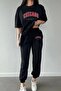 T-Shirt Sweatpants - Black Jogger T-Shirt Bottom Top Tracksuit Set Crew Neck - 2