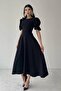 Black atlas fabric round neck princess sleeve design midi evening dress 220 - 4