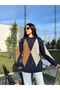 Women's Crew Neck Navy Diamond Patterned Sweater - Stone, Brown with Two White Stripes - 4