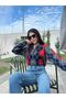 Women's Polo Collar Sweater Gray Red Navy Diamond Pattern Cropped - 2