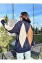 Women's Crew Neck Navy Diamond Patterned Sweater - Stone, Brown with Two White Stripes - 5