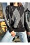 Women's Crew Neck Black Diamond Patterned Sweater - Anthracite Diamond, White Stripes - 4