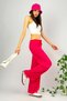 Women's Elastic Waist Wide Leg Oversize Wrinkled Fabric Long Pink Palazzo Trousers - 6