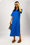 Cobalt Blue Midi Dress - Wrapped Fabric, Crew Neck, Slit Detail, Short Sleeve - 3