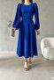 Cobalt Blue Balloon Sleeve Crew Neck Midi Dress - 3