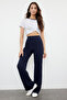 Lacivert Keten GörünümlüWide Leg/Geniş Paça Yüksek Bel Dokuma Pantolon TWOSS24PL00169 - 2