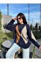Women's Crew Neck Navy Diamond Patterned Sweater - Stone, Brown with Two White Stripes - 2