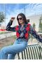 Women's Polo Collar Sweater Gray Red Navy Diamond Pattern Cropped - 5