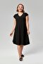 Plus Size V-Neck Short Sleeve Woven Viscon Comfort Dress Plain Black - 4