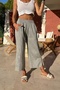 Black Linen Capri Pants - Elastic Waist, Pocket and Slit Bst3404