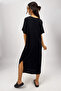Women's Wrapped Fabric Slit Oversize Short Sleeve Crew Neck Midi Length Dress Black - 6