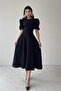 Black atlas fabric round neck princess sleeve design midi evening dress 220 - 5