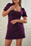 Women's Elastic Sleeve Square Neck Knitted Viscose Mini Dress - 4