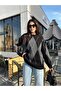 Women's Crew Neck Black Diamond Patterned Sweater - Anthracite Diamond, White Stripes - 2