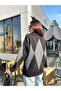 Women's Crew Neck Black Diamond Patterned Sweater - Anthracite Diamond, White Stripes - 5
