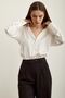 Women's Ecru Color V-Neck Loose Fit Straight Basic Premium Satin Fabric Shirt Cn100951