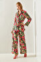 Women's Pink Belt Detailed Palazzo Trousers Patterned Bottom-Top Set 21255 60251654 - 3