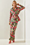 Women's Pink Belt Detailed Palazzo Trousers Patterned Bottom-Top Set 21255 60251654