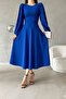 Cobalt Blue Balloon Sleeve Crew Neck Midi Dress - 2