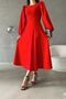Red Balloon Sleeve Crew Neck Midi Dress - 4