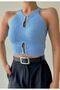 Women's Front Collar Detail Slit Design Trendy Blouse Standard